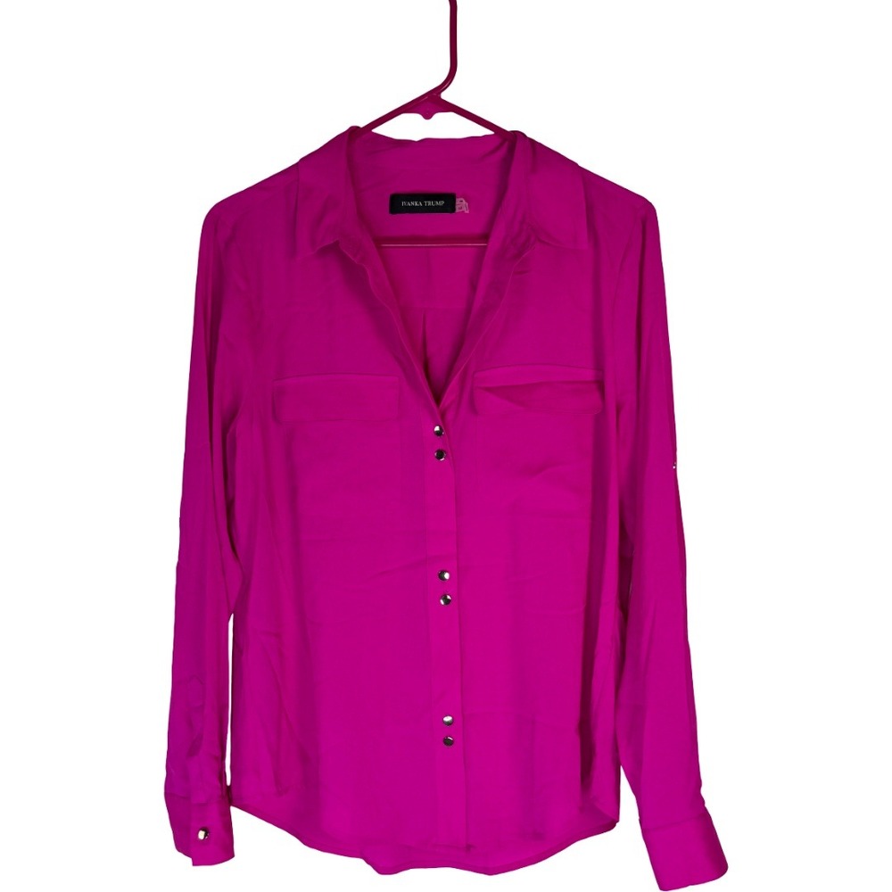 Ivanka Trump Blouse Womens Medium Hot Pink Roll Tab Long Sleeve Button Up Career